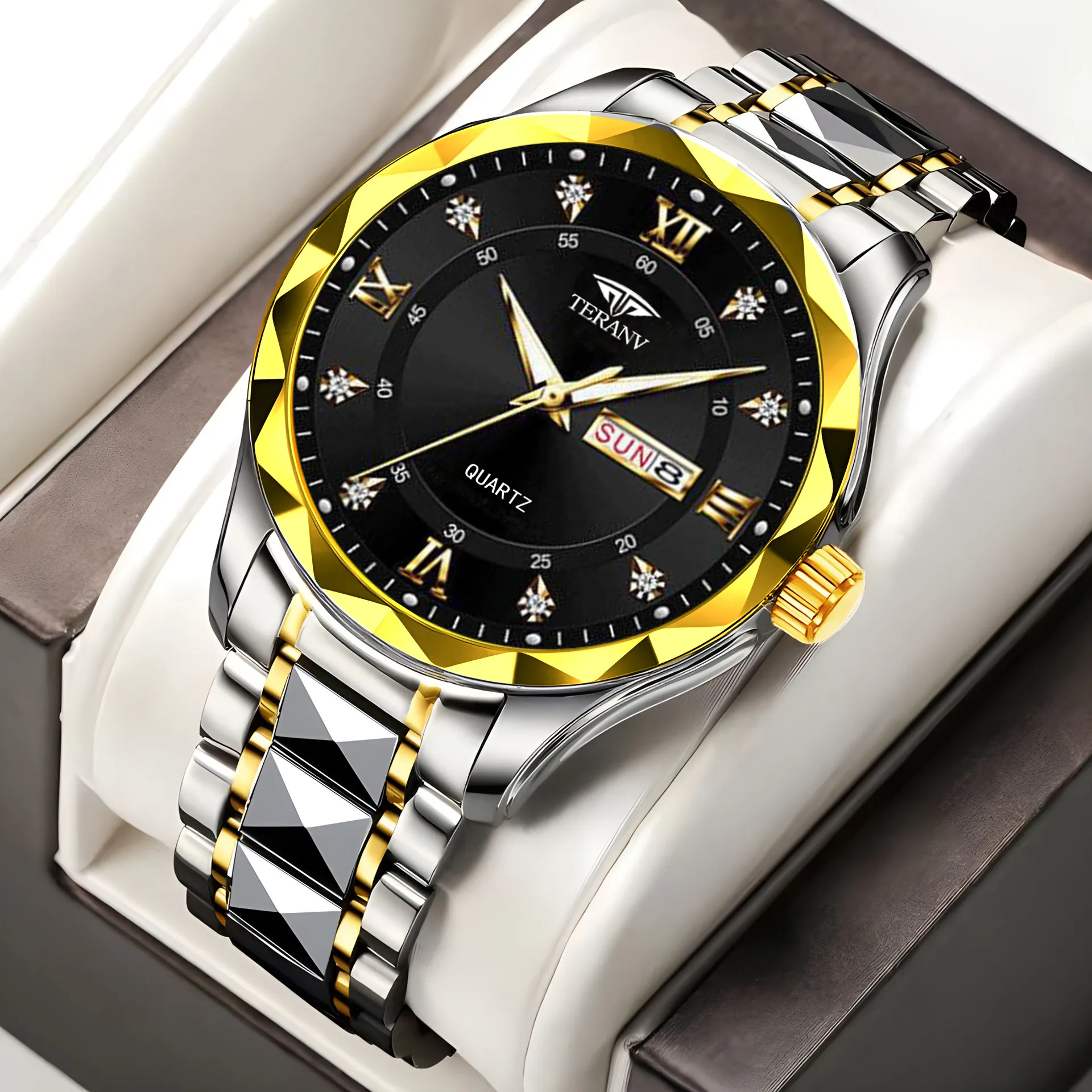 Men's Quartz Watch with Diamond Case, Luminous Hands, Waterproof, Calendar, Stainless Steel Band - Fashionable and Simple Design thumbnail 3