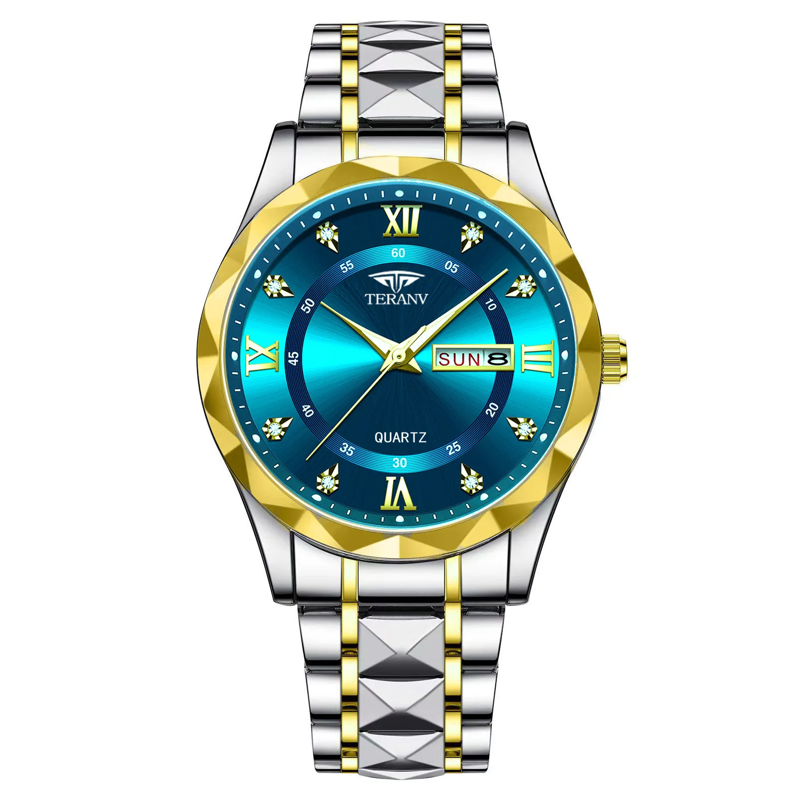 Men's Quartz Watch with Diamond Case, Luminous Hands, Waterproof, Calendar, Stainless Steel Band - Fashionable and Simple Design thumbnail 5