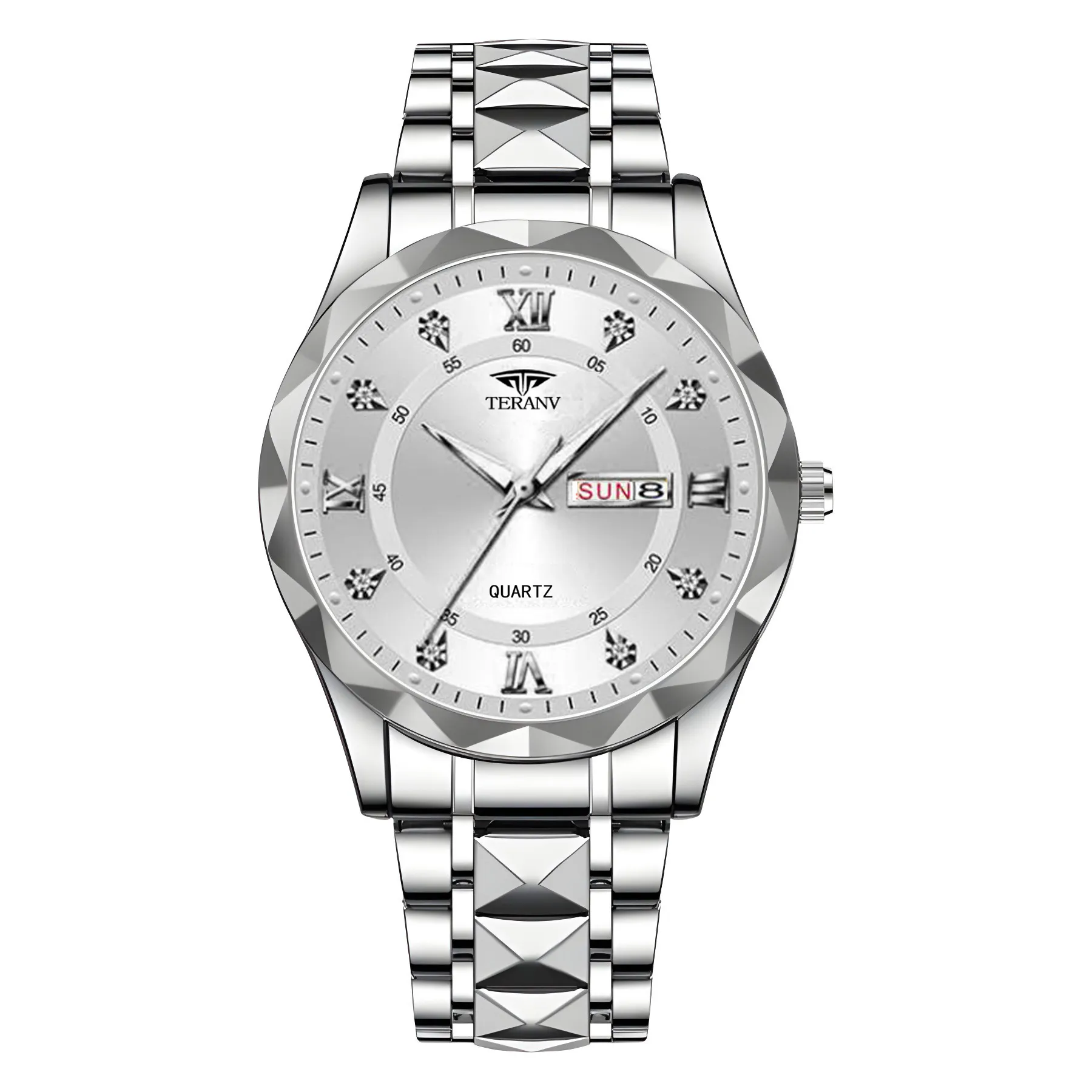 Men's Quartz Watch with Diamond Case, Luminous Hands, Waterproof, Calendar, Stainless Steel Band - Fashionable and Simple Design thumbnail 6