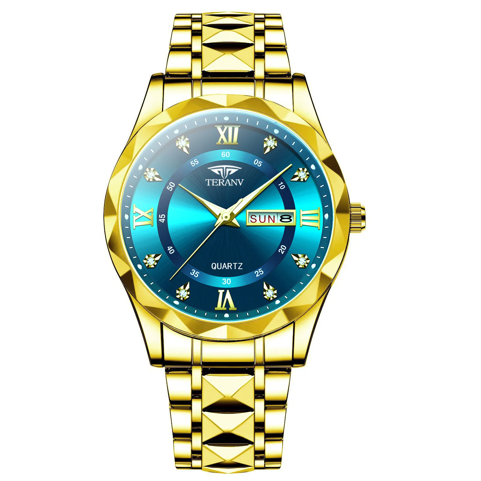 Men's Quartz Watch with Diamond Case, Luminous Hands, Waterproof, Calendar, Stainless Steel Band - Fashionable and Simple Design thumbnail 10