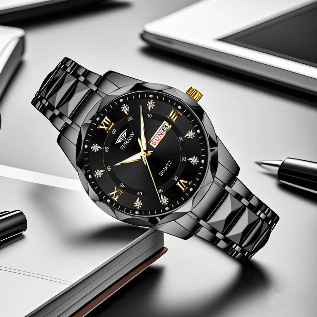 Men's Quartz Watch with Diamond Case, Luminous Hands, Waterproof, Calendar, Stainless Steel Band - Fashionable and Simple Design showcase 3