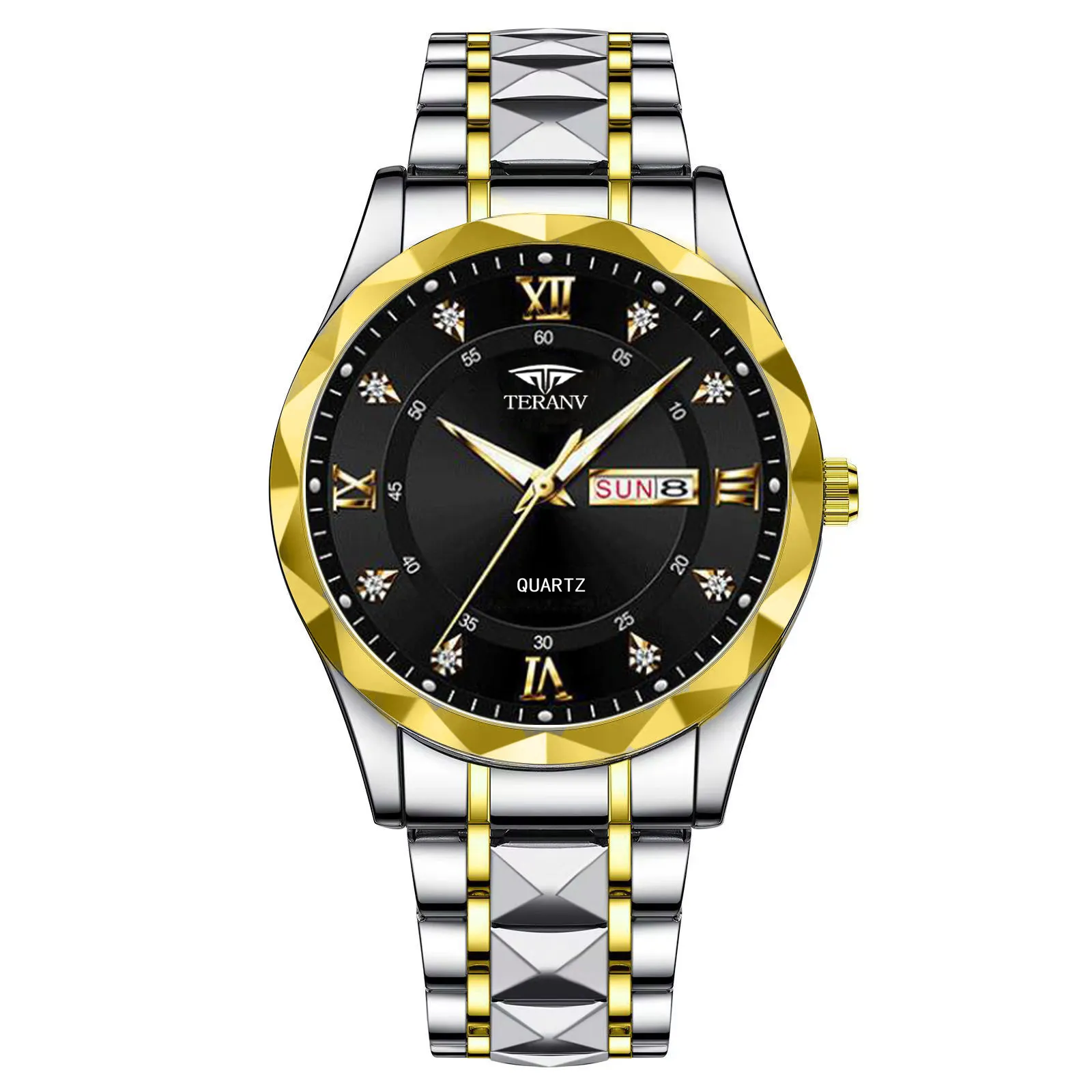 Men's Quartz Watch with Diamond Case, Luminous Hands, Waterproof, Calendar, Stainless Steel Band - Fashionable and Simple Design thumbnail 9