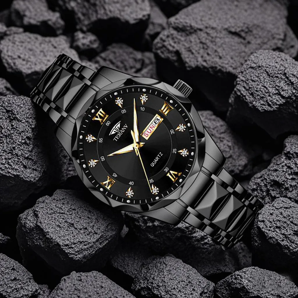 Men's Quartz Watch with Diamond Case, Luminous Hands, Waterproof, Calendar, Stainless Steel Band - Fashionable and Simple Design showcase 18