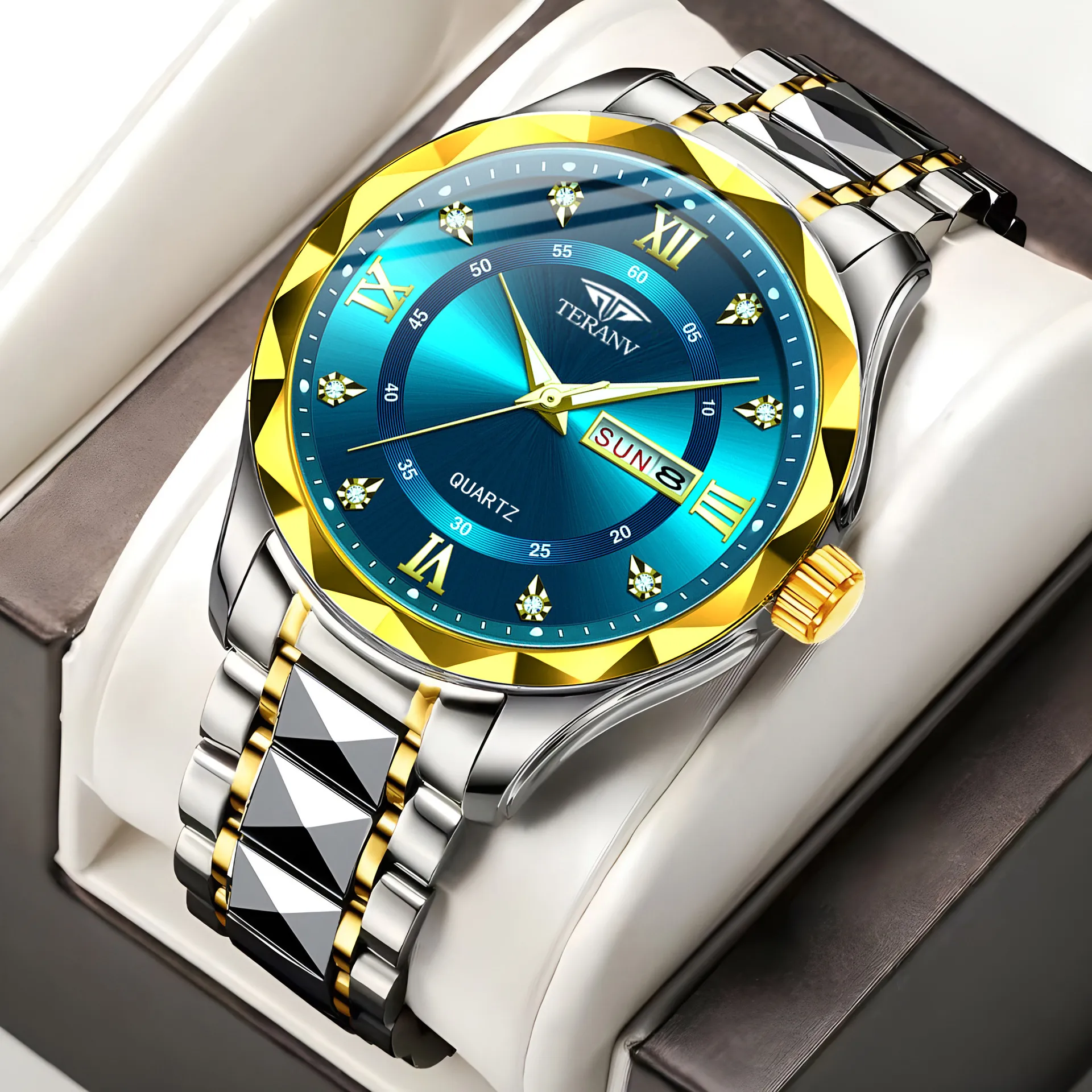 Men's Quartz Watch with Diamond Case, Luminous Hands, Waterproof, Calendar, Stainless Steel Band - Fashionable and Simple Design thumbnail 1