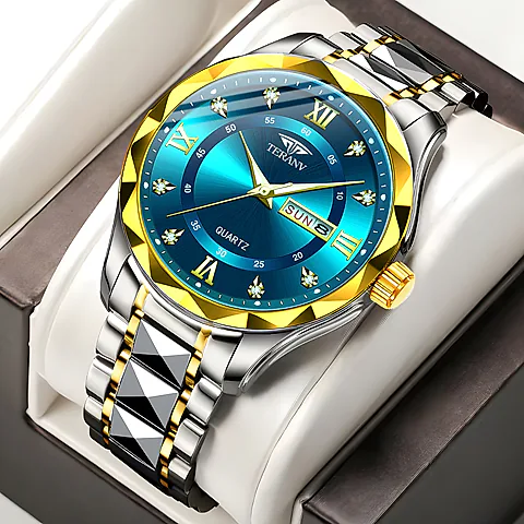 Men's Quartz Watch with Diamond Case, Luminous Hands, Waterproof, Calendar, Stainless Steel Band - Fashionable and Simple Design