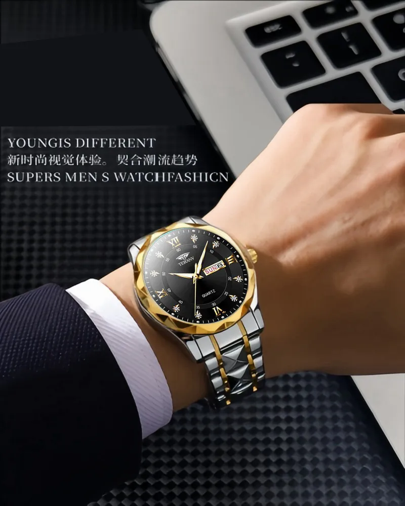 Men's Quartz Watch with Diamond Case, Luminous Hands, Waterproof, Calendar, Stainless Steel Band - Fashionable and Simple Design showcase 11