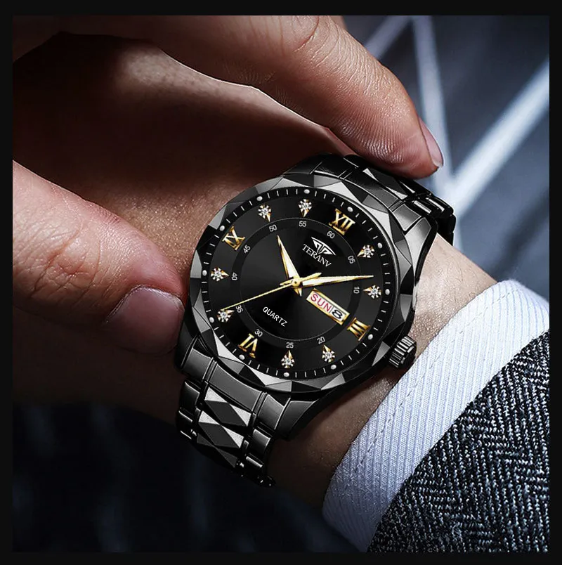 Men's Quartz Watch with Diamond Case, Luminous Hands, Waterproof, Calendar, Stainless Steel Band - Fashionable and Simple Design showcase 4