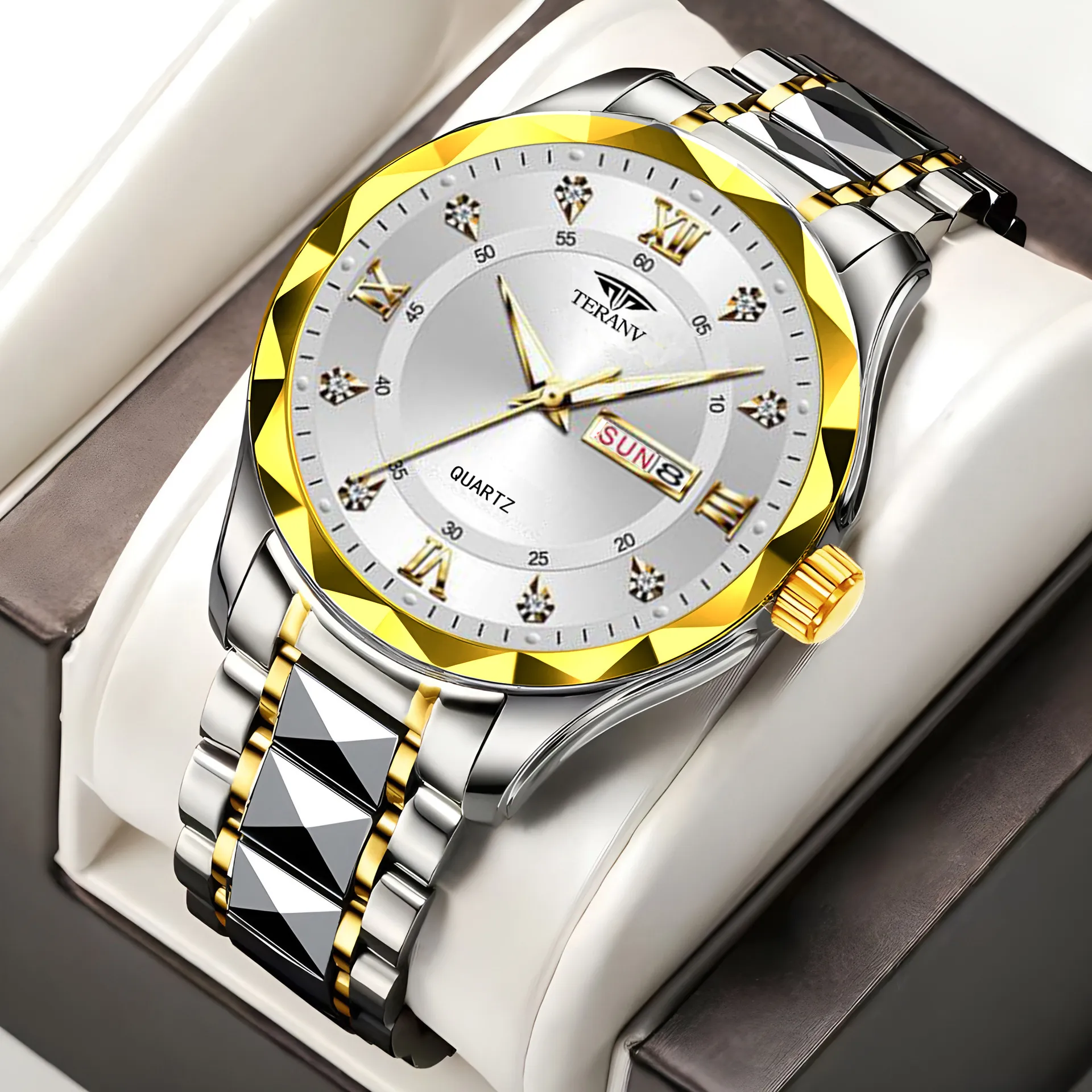 Men's Quartz Watch with Diamond Case, Luminous Hands, Waterproof, Calendar, Stainless Steel Band - Fashionable and Simple Design thumbnail 2