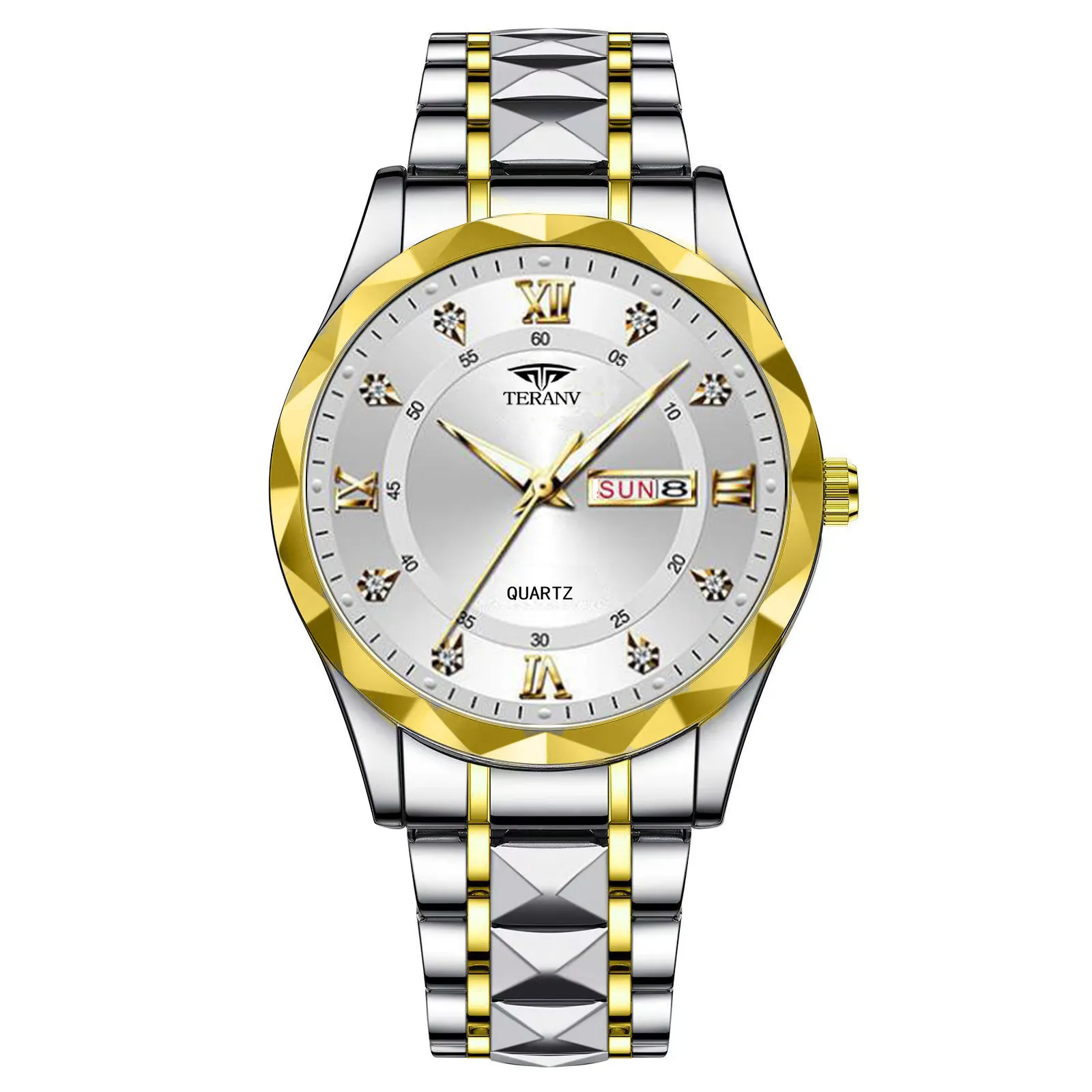 Men's Quartz Watch with Diamond Case, Luminous Hands, Waterproof, Calendar, Stainless Steel Band - Fashionable and Simple Design thumbnail 8