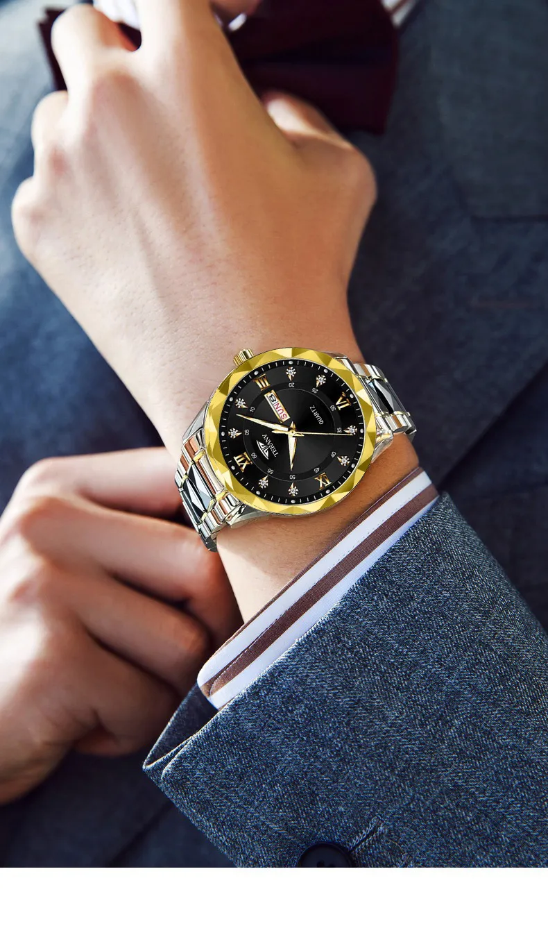 Men's Quartz Watch with Diamond Case, Luminous Hands, Waterproof, Calendar, Stainless Steel Band - Fashionable and Simple Design showcase 16