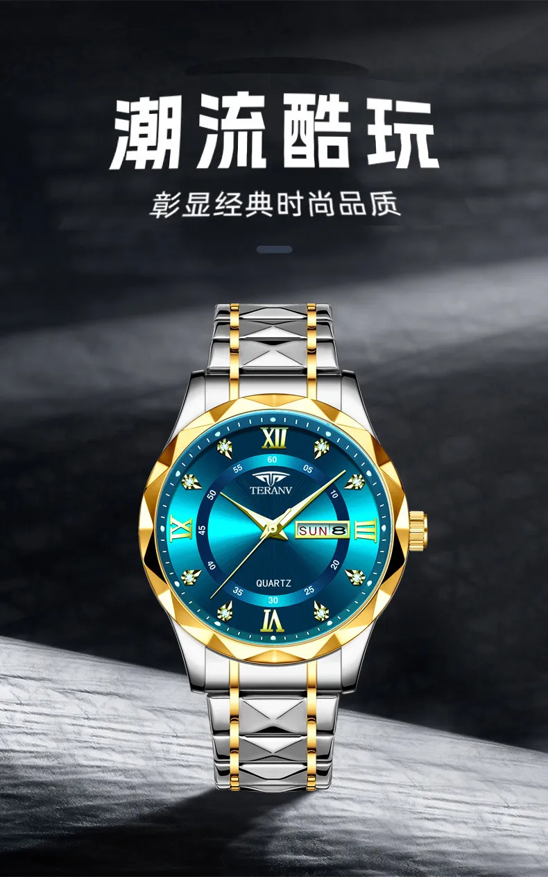 Men's Quartz Watch with Diamond Case, Luminous Hands, Waterproof, Calendar, Stainless Steel Band - Fashionable and Simple Design showcase 10