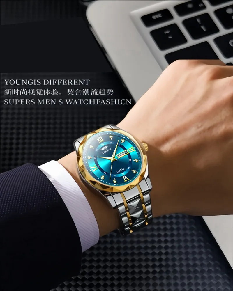 Men's Quartz Watch with Diamond Case, Luminous Hands, Waterproof, Calendar, Stainless Steel Band - Fashionable and Simple Design showcase 12