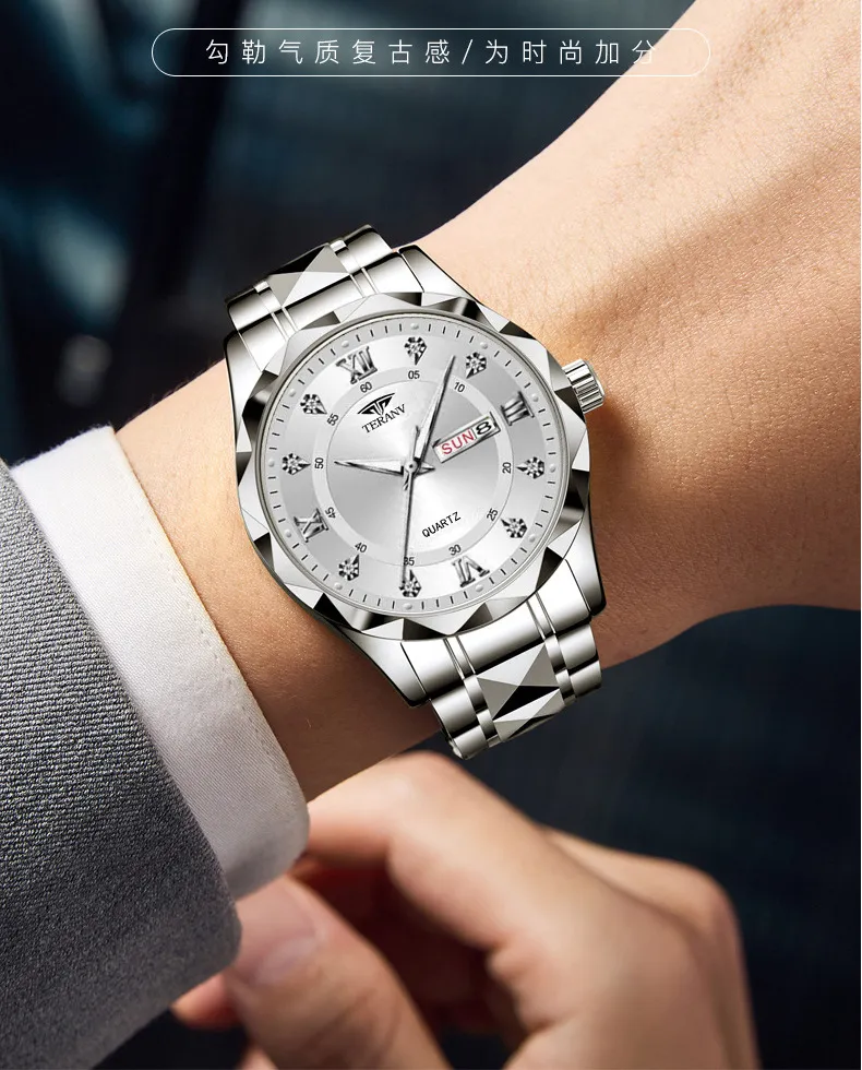 Men's Quartz Watch with Diamond Case, Luminous Hands, Waterproof, Calendar, Stainless Steel Band - Fashionable and Simple Design showcase 13