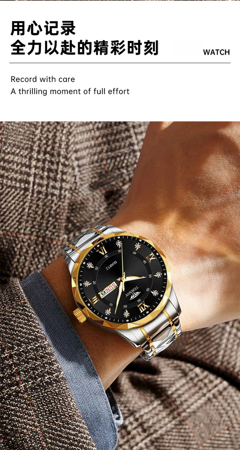 Men's Quartz Watch with Diamond Case, Luminous Hands, Waterproof, Calendar, Stainless Steel Band - Fashionable and Simple Design showcase 14