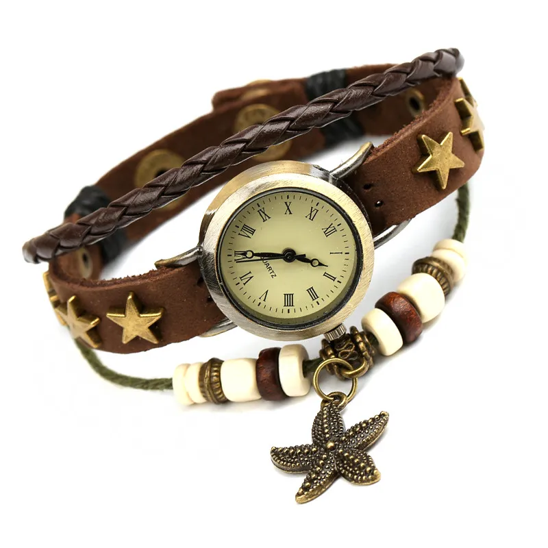 Women's Genuine Leather Bracelet Watch with Five-Pointed Star Charm - Elegant Retro Cowhide Jewelry Wristwatch for Students and Fashionable Women thumbnail 1