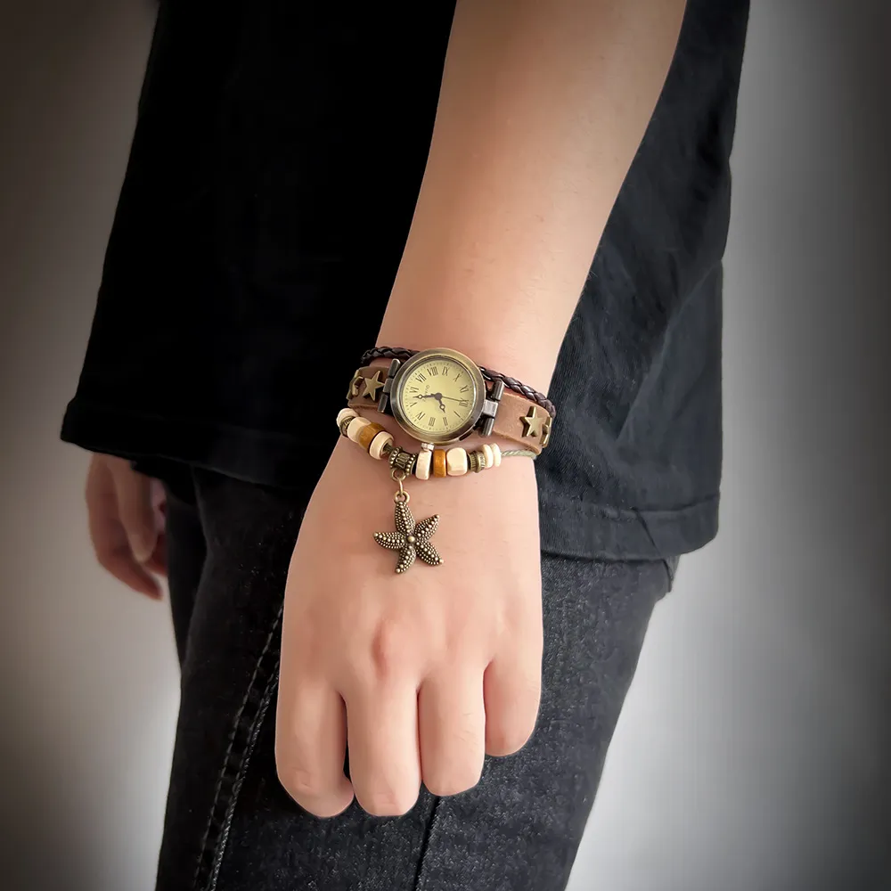 Women's Genuine Leather Bracelet Watch with Five-Pointed Star Charm - Elegant Retro Cowhide Jewelry Wristwatch for Students and Fashionable Women thumbnail 4