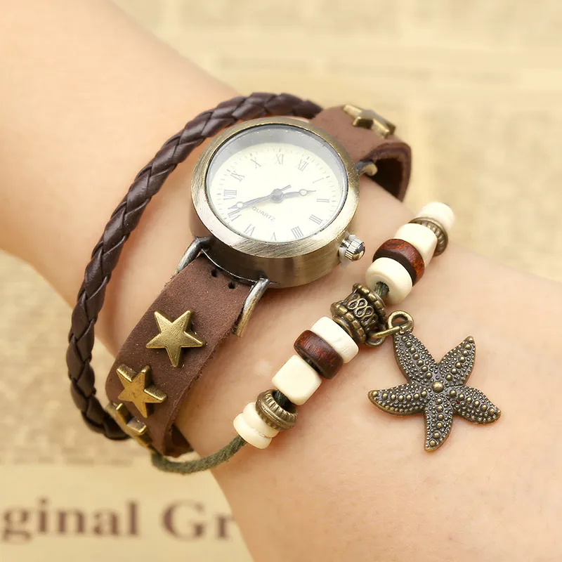 Women's Genuine Leather Bracelet Watch with Five-Pointed Star Charm - Elegant Retro Cowhide Jewelry Wristwatch for Students and Fashionable Women thumbnail 5