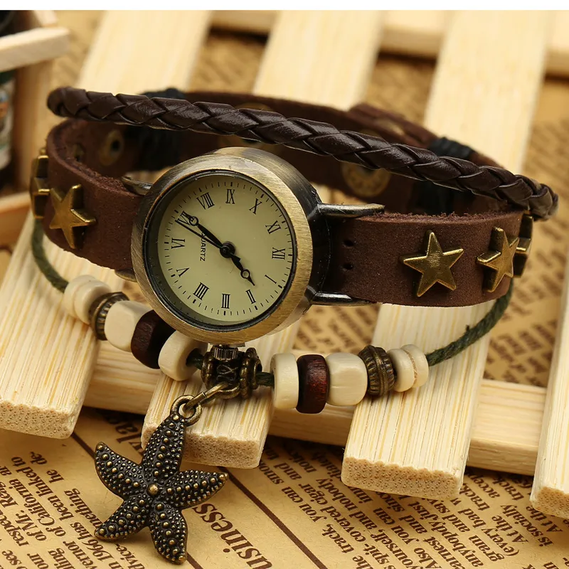 Women's Genuine Leather Bracelet Watch with Five-Pointed Star Charm - Elegant Retro Cowhide Jewelry Wristwatch for Students and Fashionable Women thumbnail 2