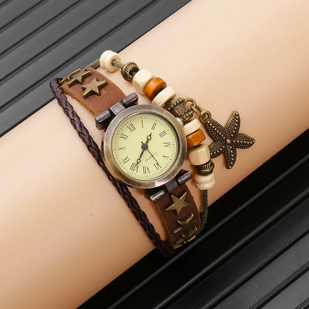 Women's Genuine Leather Bracelet Watch with Five-Pointed Star Charm - Elegant Retro Cowhide Jewelry Wristwatch for Students and Fashionable Women thumbnail 3
