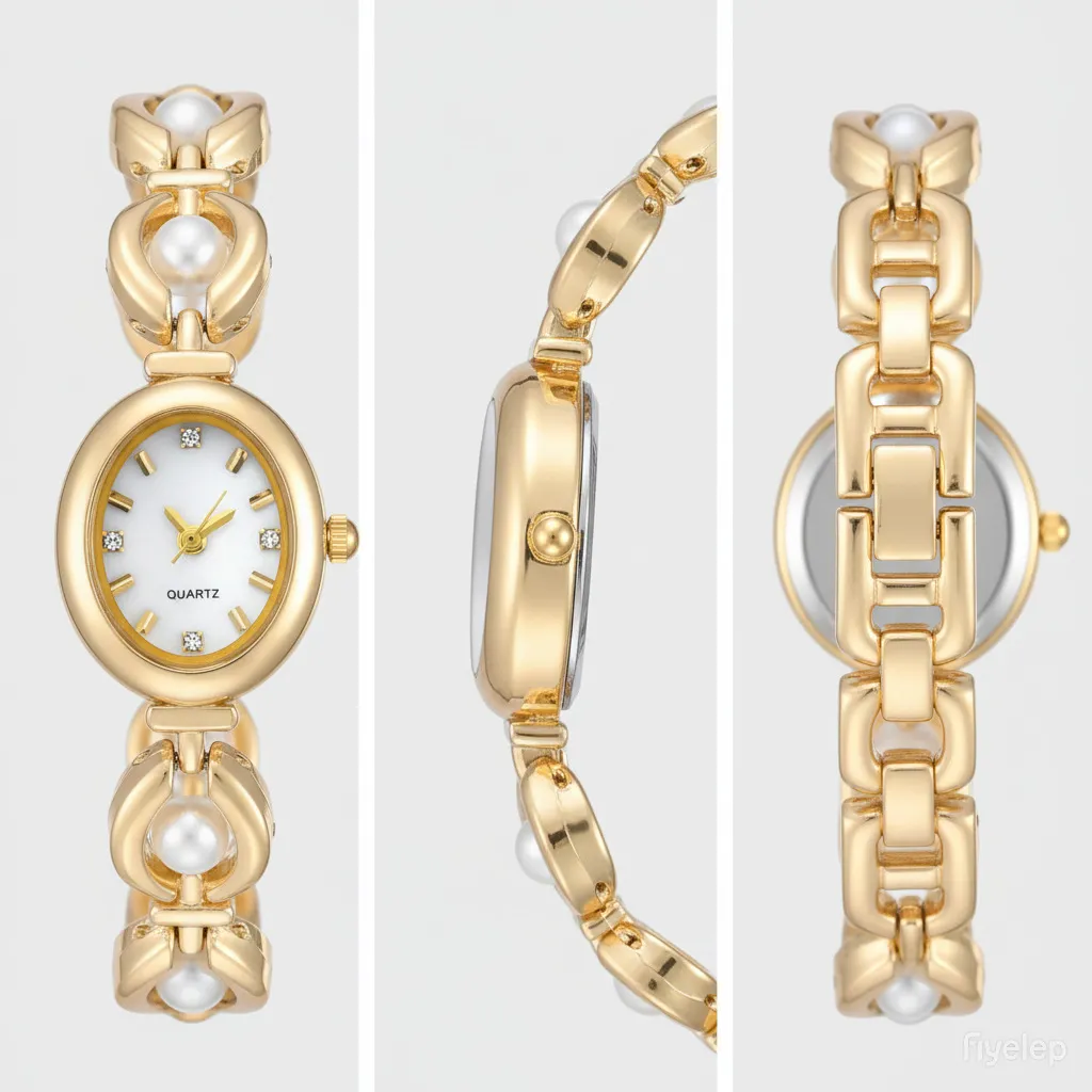 Women's Vintage Style Oval Quartz Watch with Faux Pearl Bracelet - Elegant Ladies Wristwatch Fashion Jewelry Gift thumbnail 3