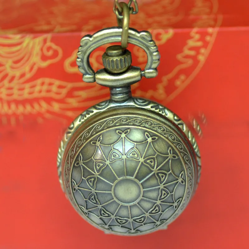 Vintage Bronze Quartz Pocket Watch Necklace with Winged Design, Spider Web Detail - Antique Style Pendant Watch for Men and Women showcase 14