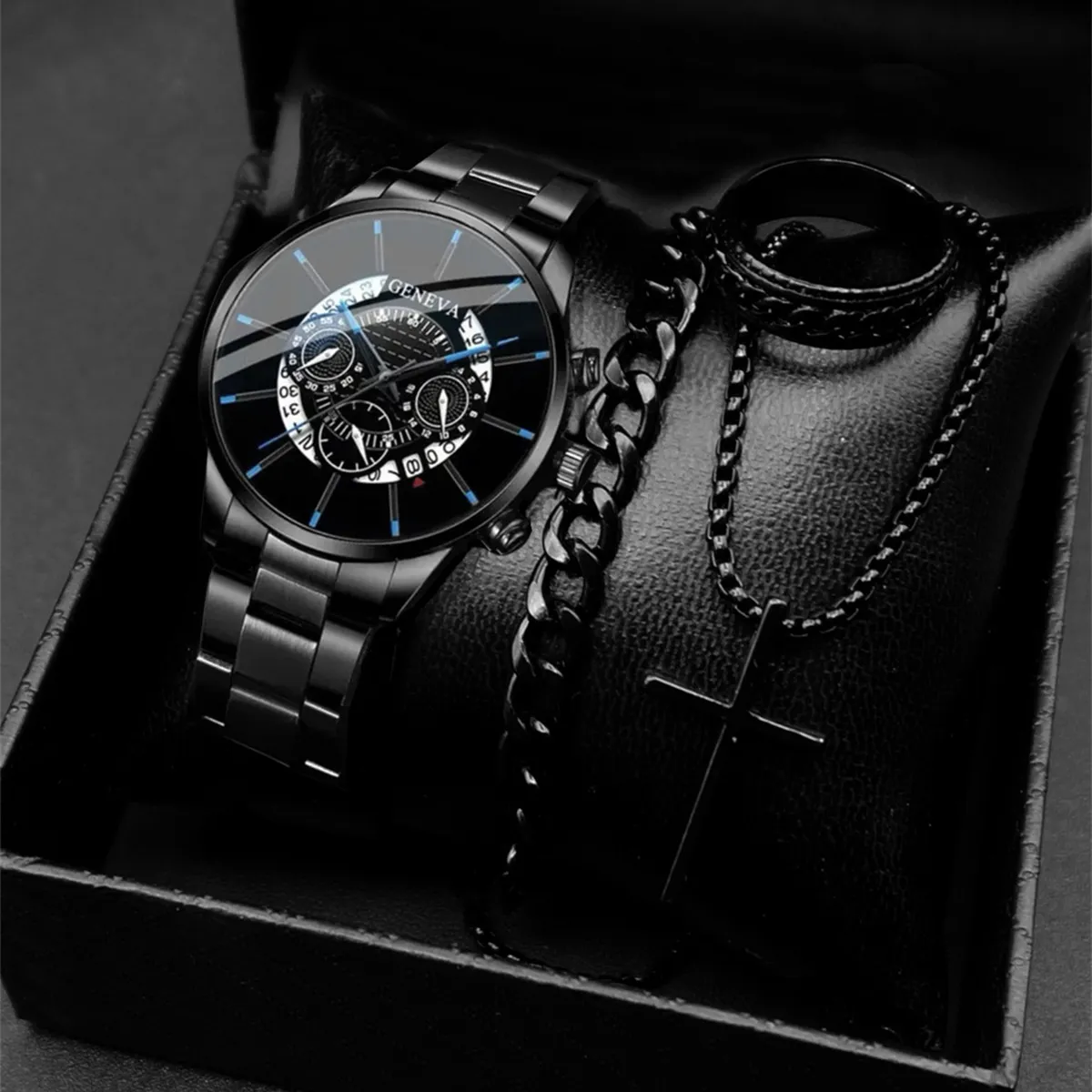 Men's Classic Calendar Wrist Watch Set - Stainless Steel Band, Business & Sports Style, Fashionable Gift Set thumbnail 3