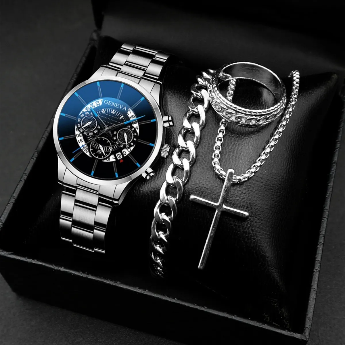 Men's Classic Calendar Wrist Watch Set - Stainless Steel Band, Business & Sports Style, Fashionable Gift Set thumbnail 8