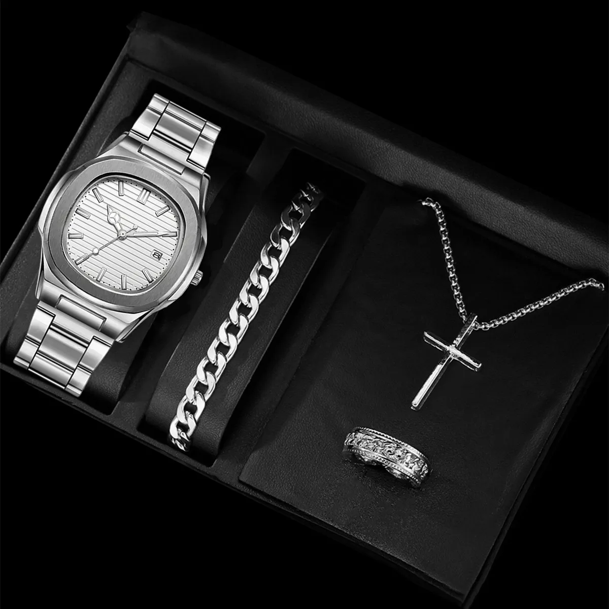 Men's Classic Calendar Wrist Watch Set - Stainless Steel Band, Business & Sports Style, Fashionable Gift Set thumbnail 9