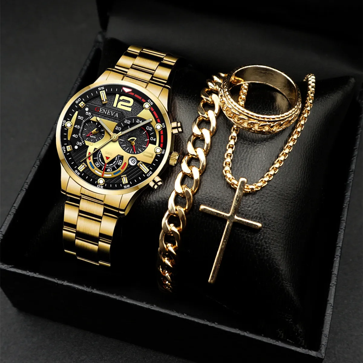 Men's Classic Calendar Wrist Watch Set - Stainless Steel Band, Business & Sports Style, Fashionable Gift Set showcase 2