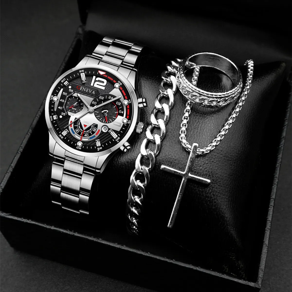 Men's Classic Calendar Wrist Watch Set - Stainless Steel Band, Business & Sports Style, Fashionable Gift Set showcase 1