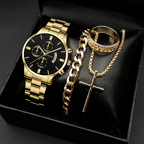 Men's Classic Calendar Wrist Watch Set - Stainless Steel Band, Business & Sports Style, Fashionable Gift Set