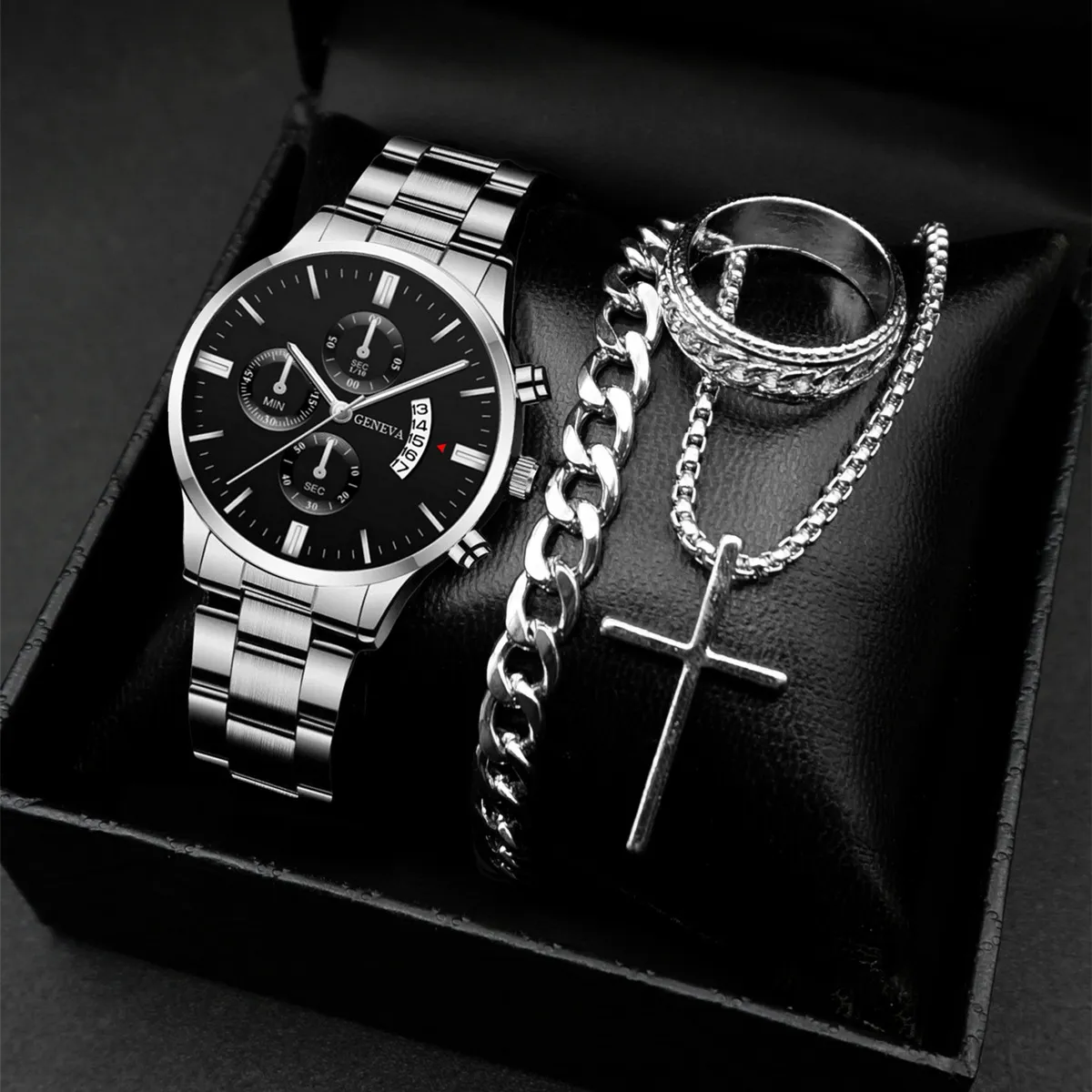 Men's Classic Calendar Wrist Watch Set - Stainless Steel Band, Business & Sports Style, Fashionable Gift Set showcase 7