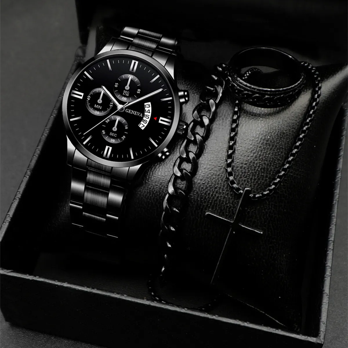 Men's Classic Calendar Wrist Watch Set - Stainless Steel Band, Business & Sports Style, Fashionable Gift Set showcase 9