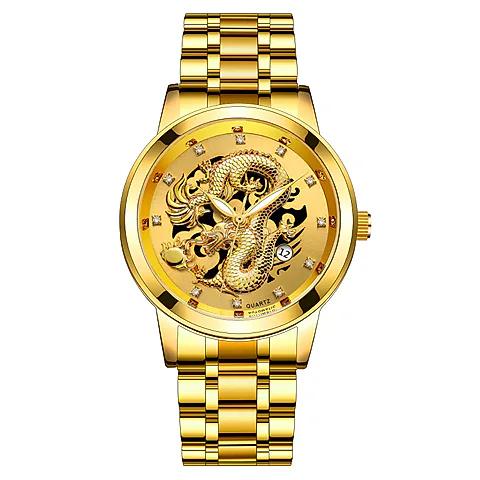 Men's Fashion Calendar Watch Stainless Steel Band - Waterproof Luminous Hollow Dragon Design - Business Casual Wristwatch for Men
