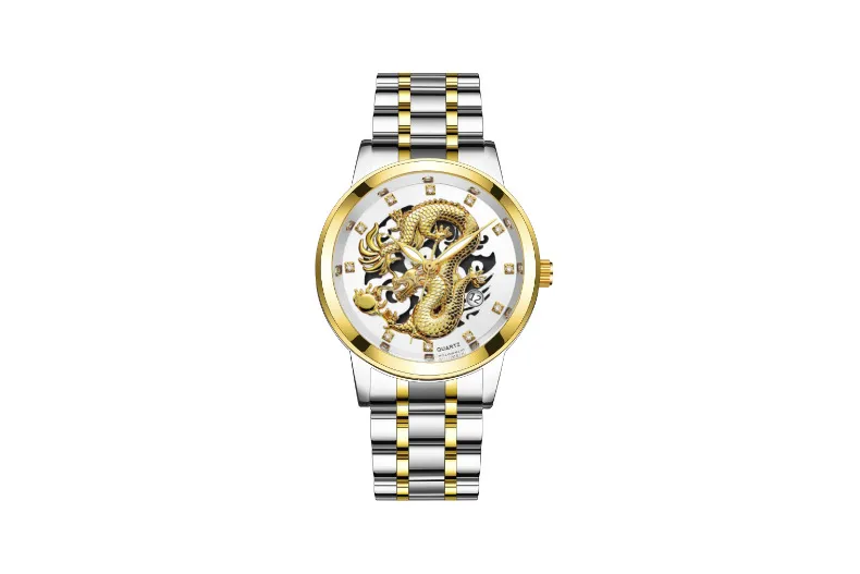 Men's Fashion Calendar Watch Stainless Steel Band - Waterproof Luminous Hollow Dragon Design - Business Casual Wristwatch for Men showcase 13