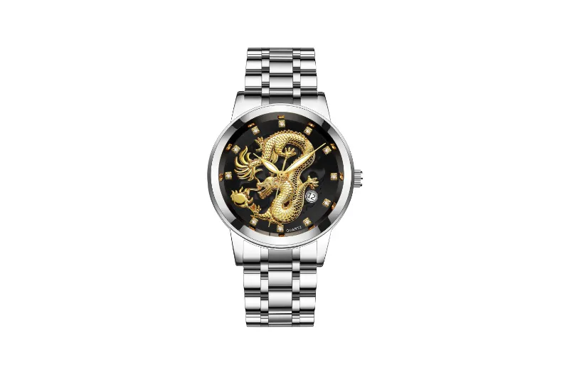 Men's Fashion Calendar Watch Stainless Steel Band - Waterproof Luminous Hollow Dragon Design - Business Casual Wristwatch for Men showcase 16