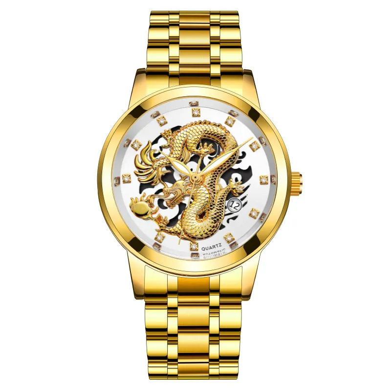 Men's Fashion Calendar Watch Stainless Steel Band - Waterproof Luminous Hollow Dragon Design - Business Casual Wristwatch for Men thumbnail 3