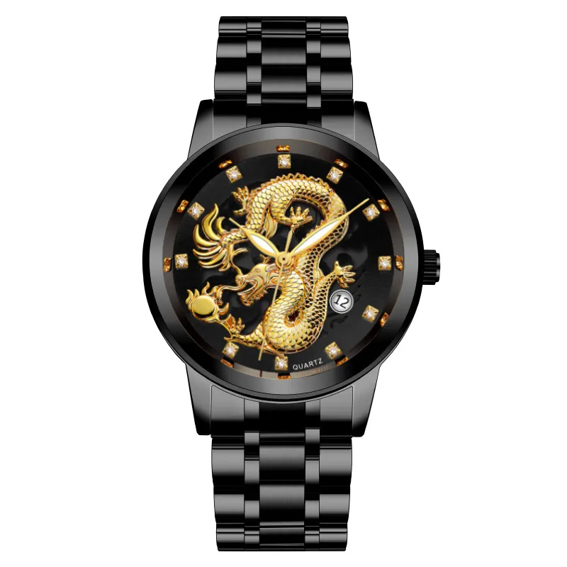Men's Fashion Calendar Watch Stainless Steel Band - Waterproof Luminous Hollow Dragon Design - Business Casual Wristwatch for Men thumbnail 6