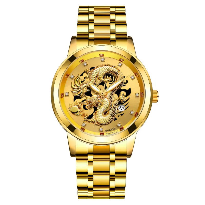 Men's Fashion Calendar Watch Stainless Steel Band - Waterproof Luminous Hollow Dragon Design - Business Casual Wristwatch for Men thumbnail 7