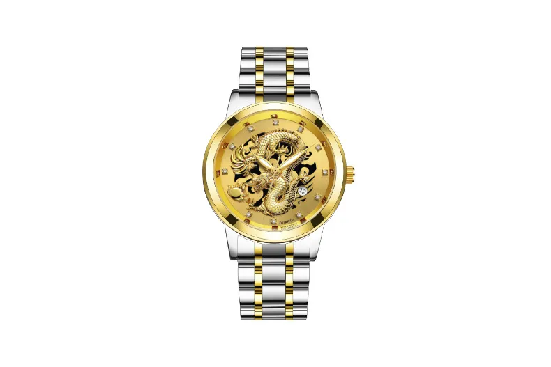 Men's Fashion Calendar Watch Stainless Steel Band - Waterproof Luminous Hollow Dragon Design - Business Casual Wristwatch for Men showcase 12
