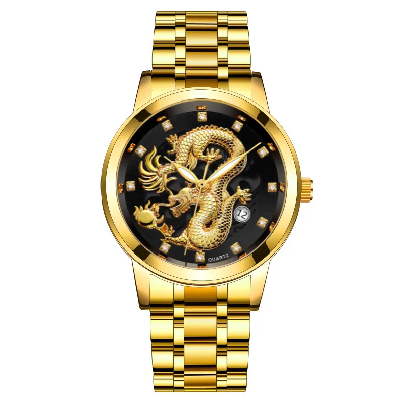 Men's Fashion Calendar Watch Stainless Steel Band - Waterproof Luminous Hollow Dragon Design - Business Casual Wristwatch for Men thumbnail 2