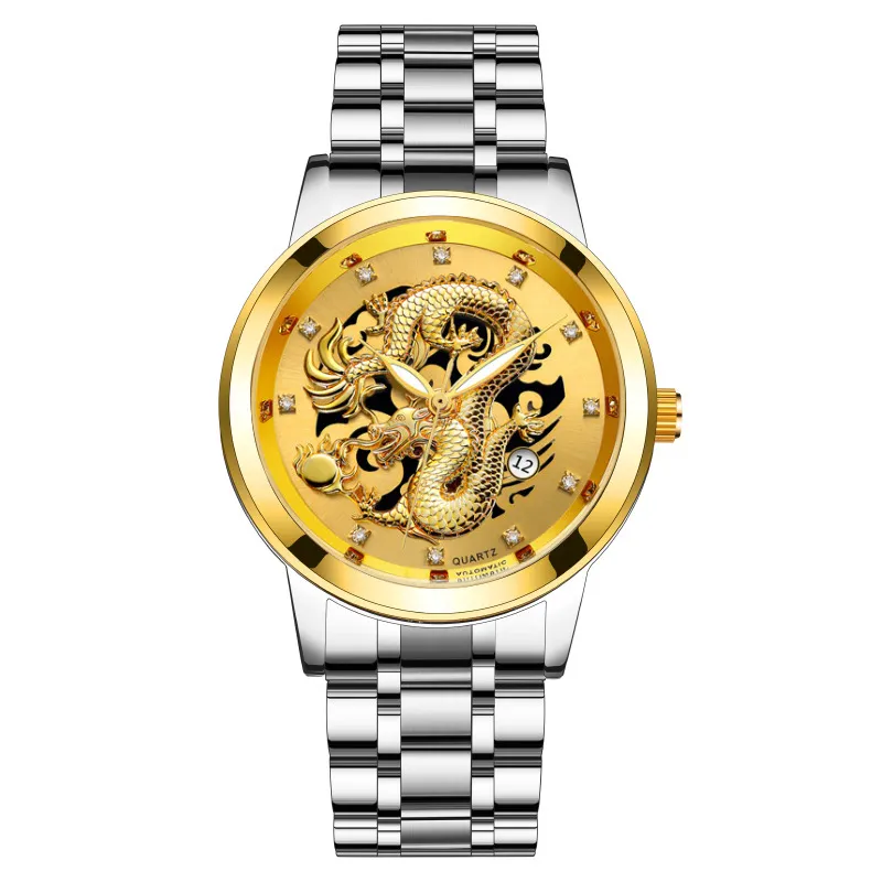 Men's Fashion Calendar Watch Stainless Steel Band - Waterproof Luminous Hollow Dragon Design - Business Casual Wristwatch for Men thumbnail 4