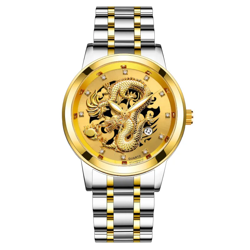 Men's Fashion Calendar Watch Stainless Steel Band - Waterproof Luminous Hollow Dragon Design - Business Casual Wristwatch for Men thumbnail 8