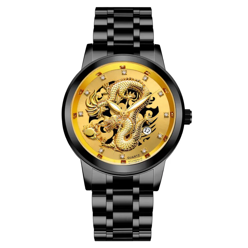 Men's Fashion Calendar Watch Stainless Steel Band - Waterproof Luminous Hollow Dragon Design - Business Casual Wristwatch for Men thumbnail 10