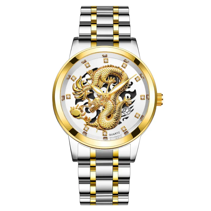Men's Fashion Calendar Watch Stainless Steel Band - Waterproof Luminous Hollow Dragon Design - Business Casual Wristwatch for Men thumbnail 9