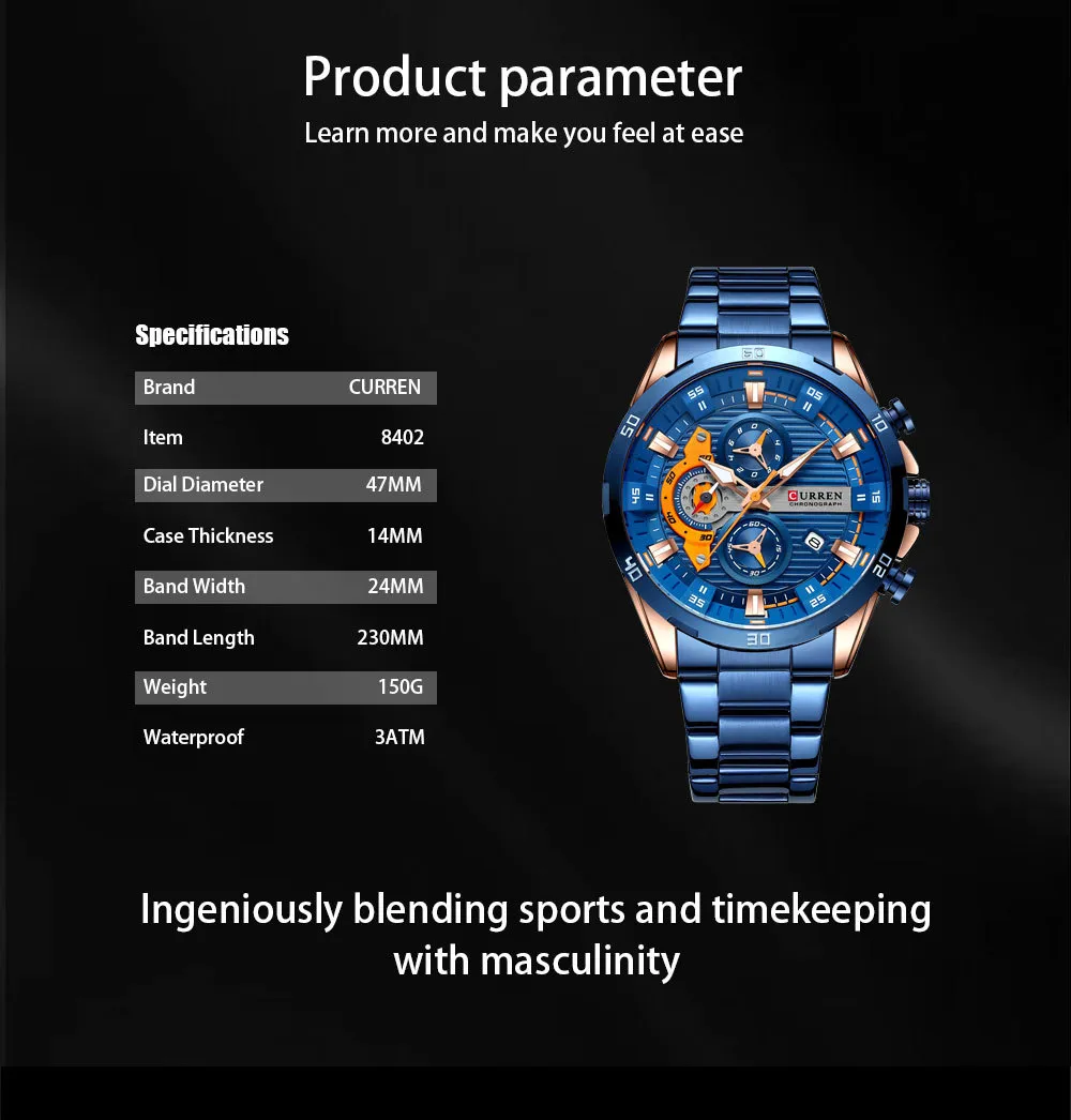 Curren 8402 Men's Quartz Watch - Business Casual Style, Calendar, Stainless Steel Band, Round Dial, Analog Wristwatch for Men showcase 5