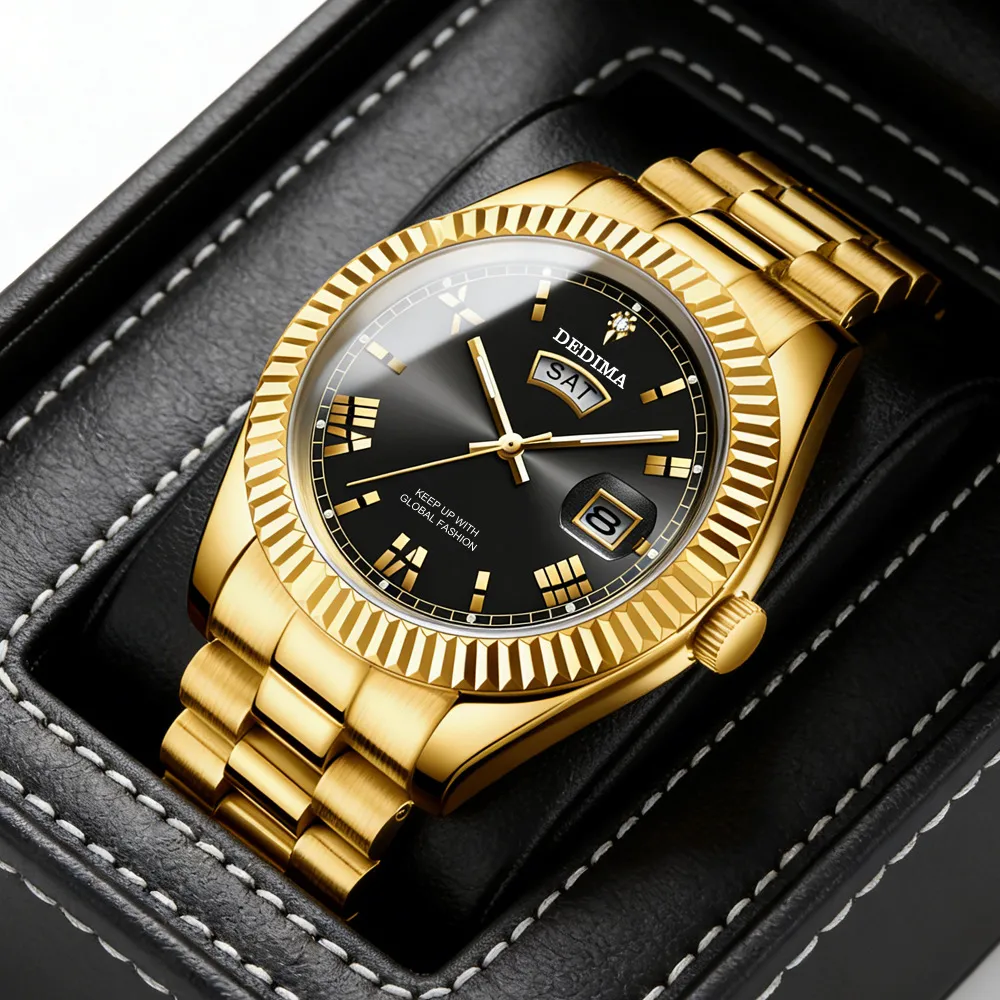 Men's Diamond Roman Numeral Dual Calendar Luminous Watch - Elegant Fashionable Stainless Steel Wristwatch for Business Casual thumbnail 2