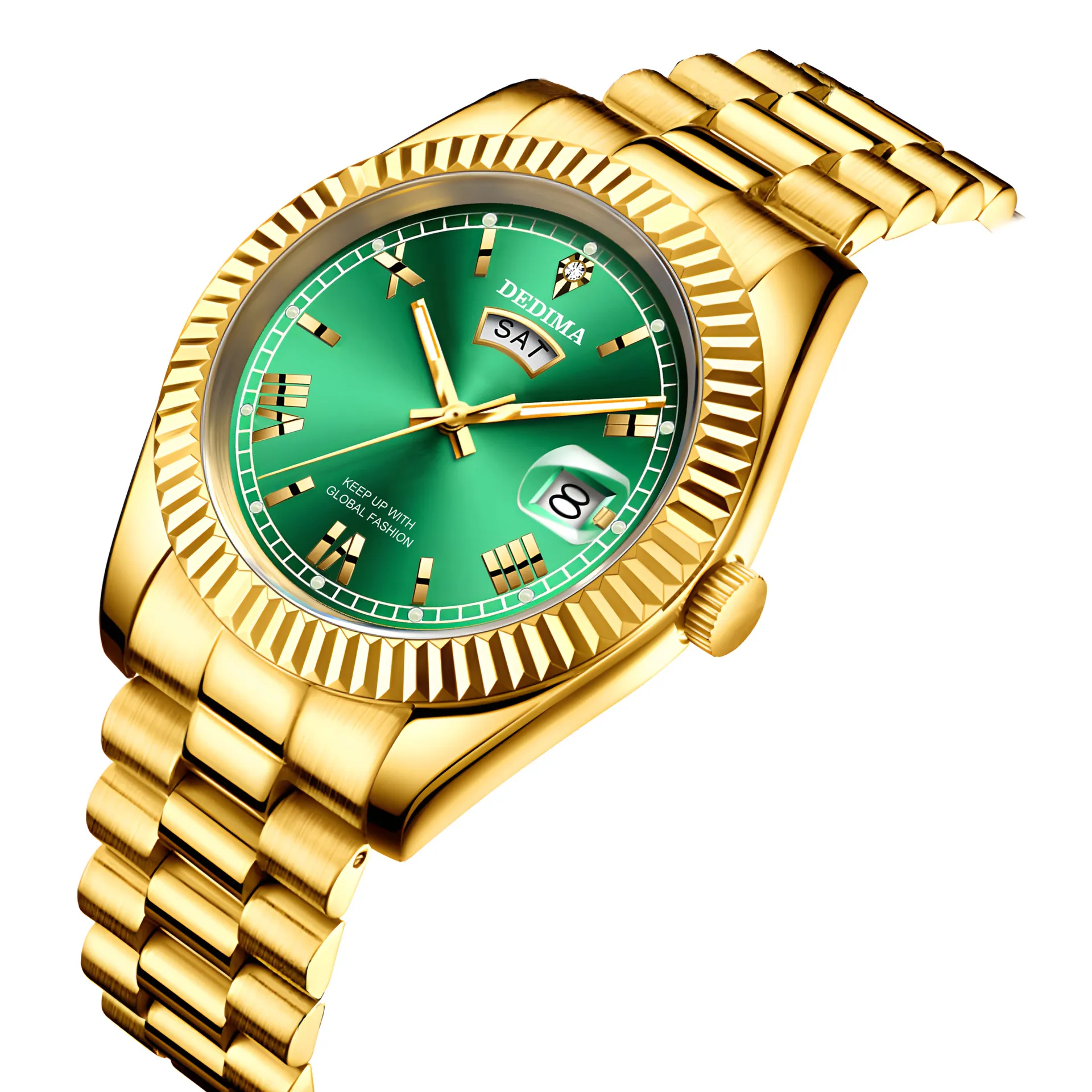 Men's Diamond Roman Numeral Dual Calendar Luminous Watch - Elegant Fashionable Stainless Steel Wristwatch for Business Casual thumbnail 5