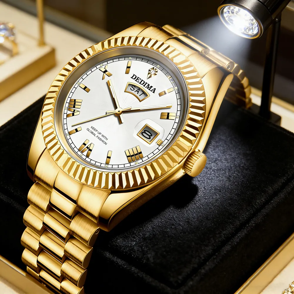 Men's Diamond Roman Numeral Dual Calendar Luminous Watch - Elegant Fashionable Stainless Steel Wristwatch for Business Casual thumbnail 4