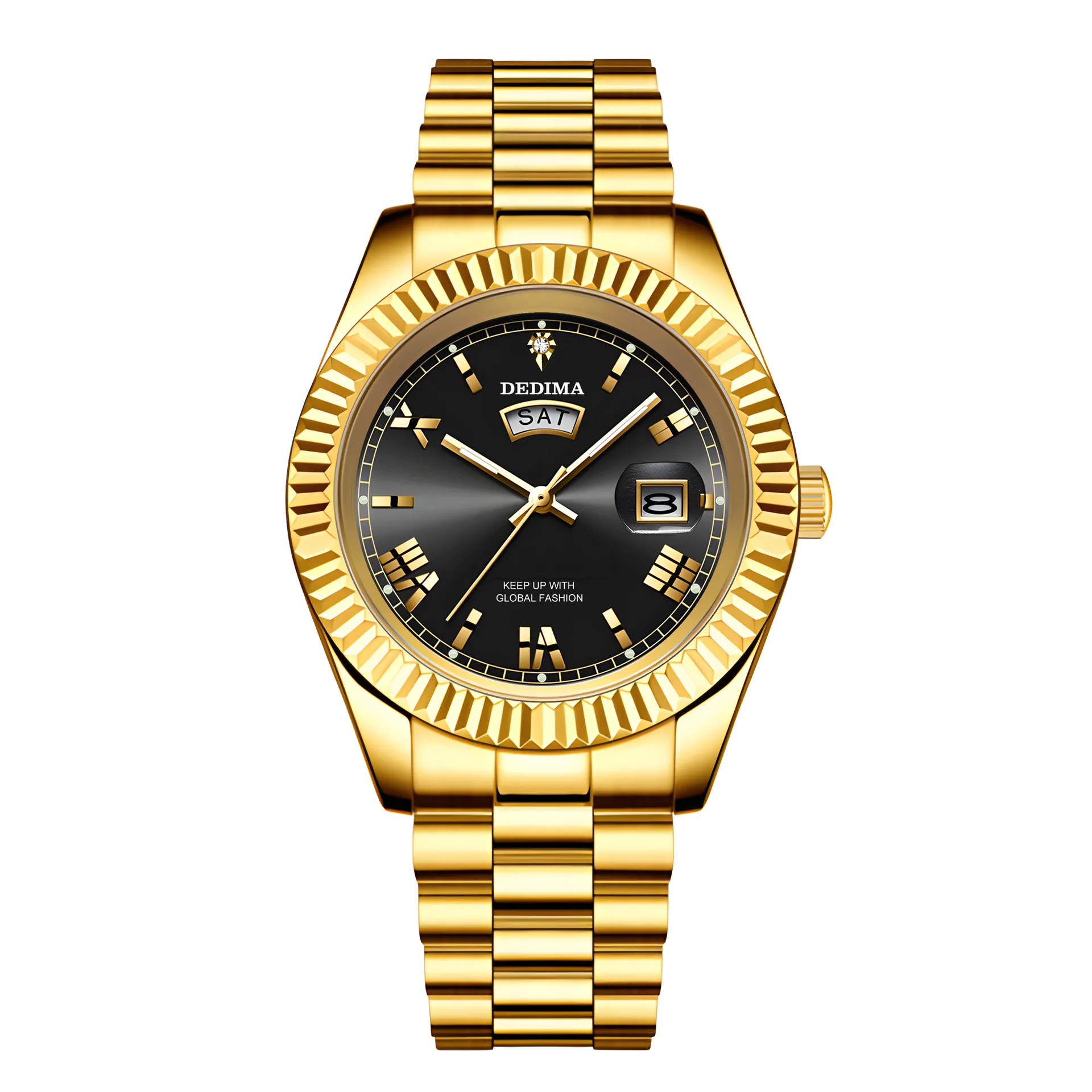 Men's Diamond Roman Numeral Dual Calendar Luminous Watch - Elegant Fashionable Stainless Steel Wristwatch for Business Casual thumbnail 7